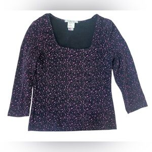 VINTAGE 90S LA BELLE BLACK & PURPLE SHINY SQUARE NECK BLOUSE MEDIUM WOMENS
